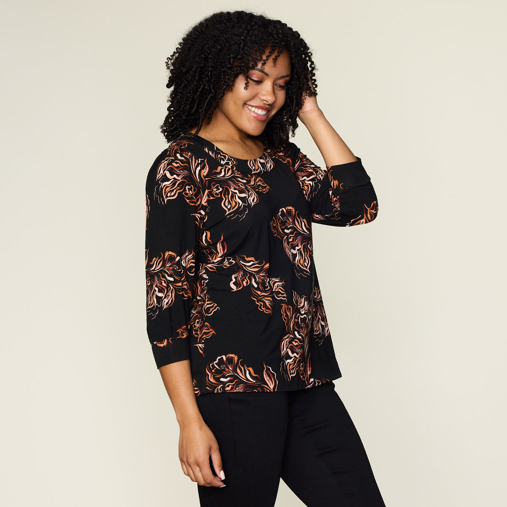 Black Abstract Floral Print 3/4 Sleeve Top