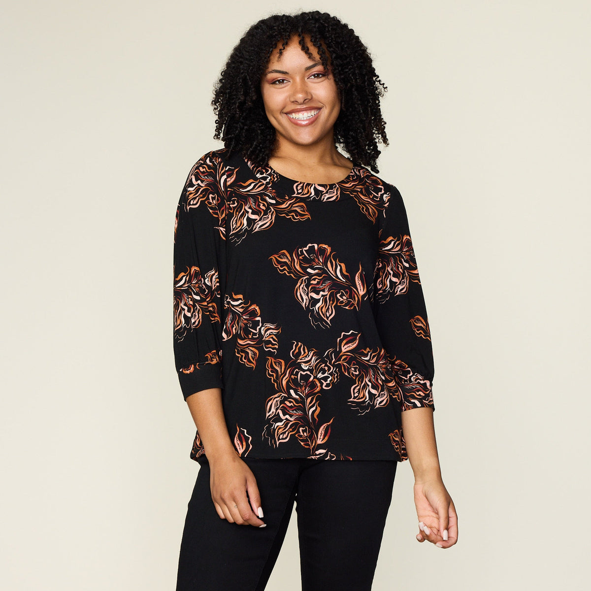 Black Abstract Floral Print 3/4 Sleeve Top