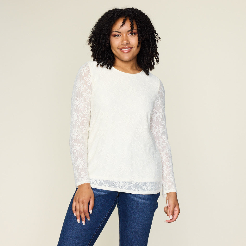 Lace Satin Trim Long Sleeve Knit Top