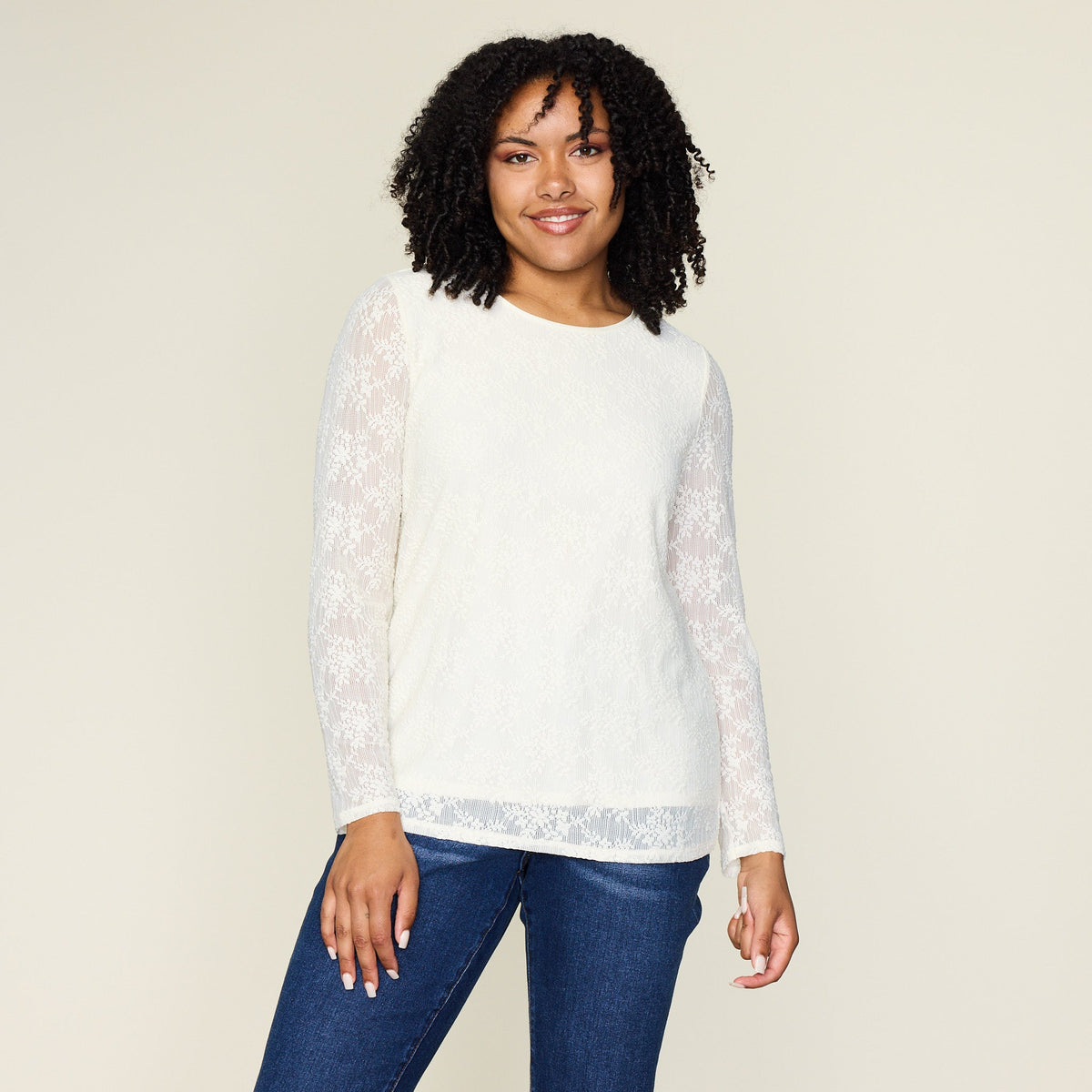 Lace Satin Trim Long Sleeve Knit Top