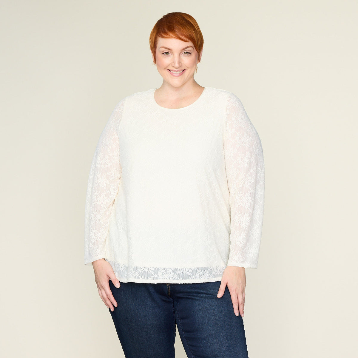 Lace Satin Trim Long Sleeve Knit Top