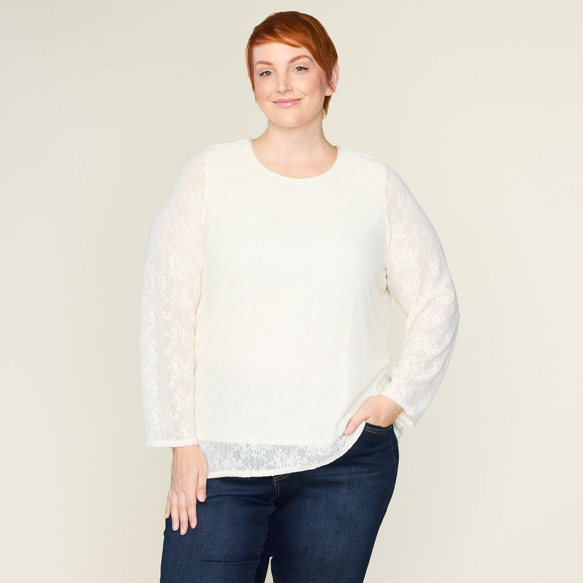 Lace Satin Trim Long Sleeve Knit Top