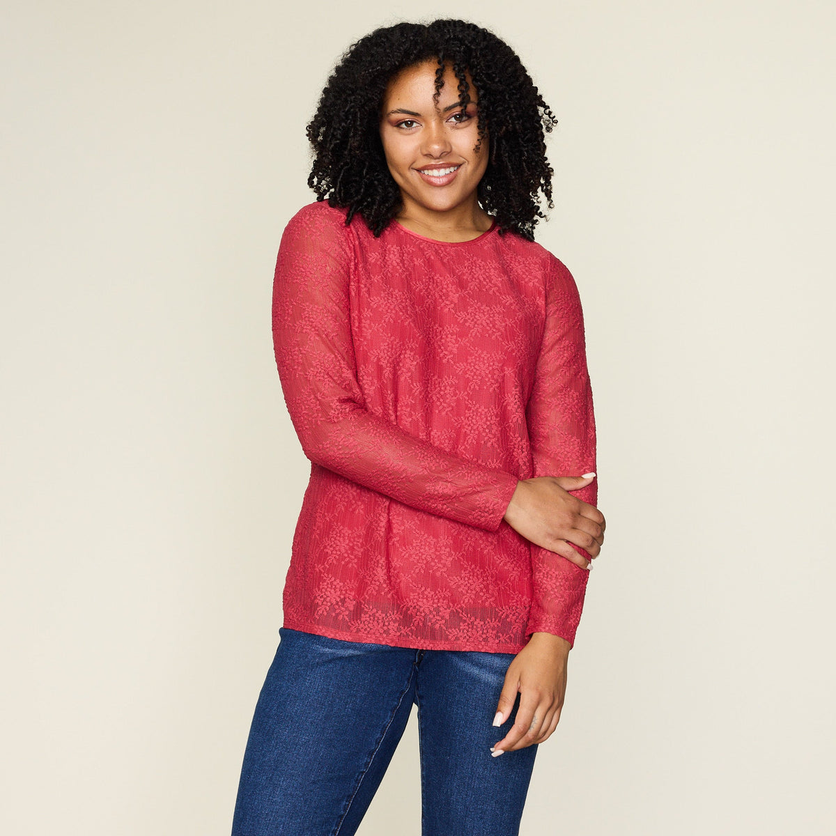 Lace Satin Trim Long Sleeve Knit Top