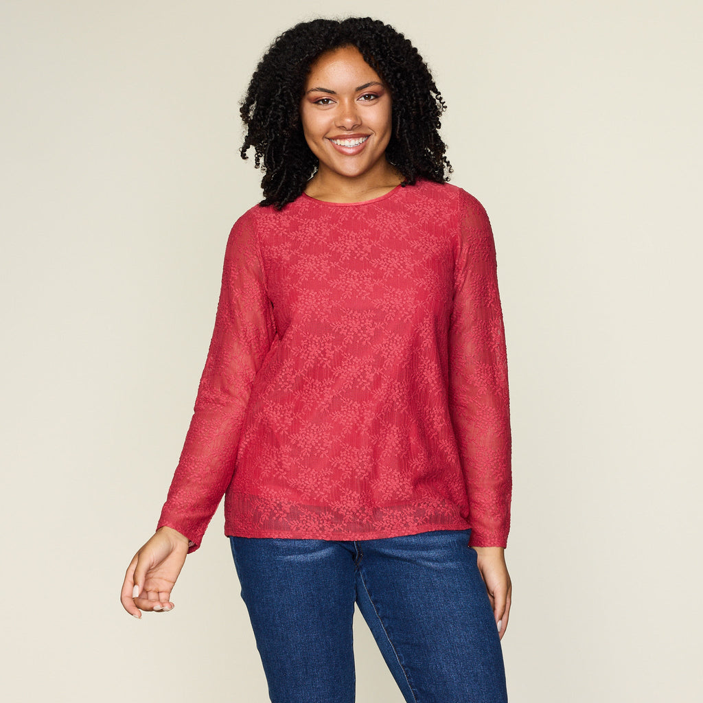 Lace Satin Trim Long Sleeve Knit Top