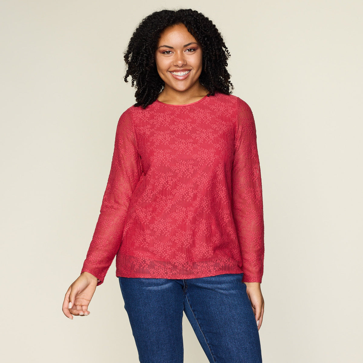 Lace Satin Trim Long Sleeve Knit Top