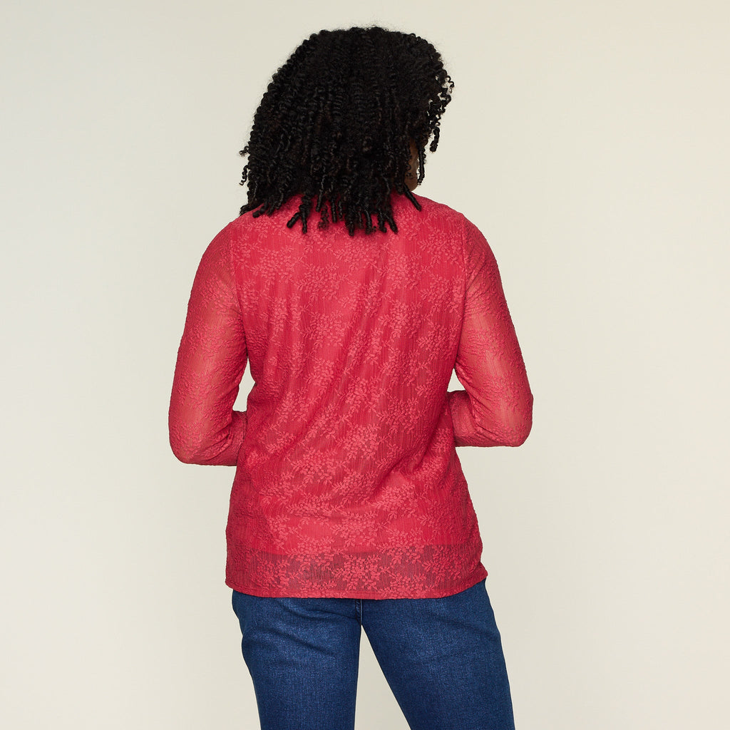 Lace Satin Trim Long Sleeve Knit Top