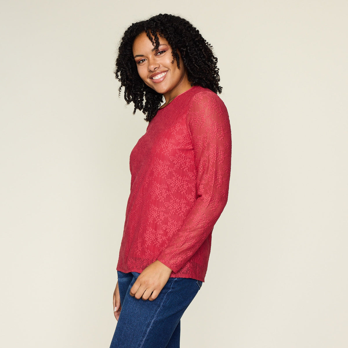 Lace Satin Trim Long Sleeve Knit Top