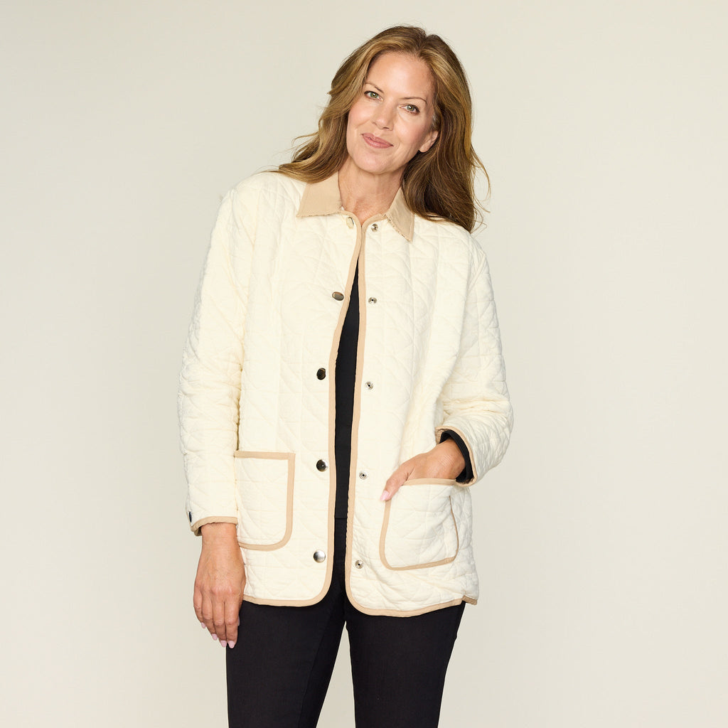 Contrast Trim Quilted Knit Snap Front Jacket