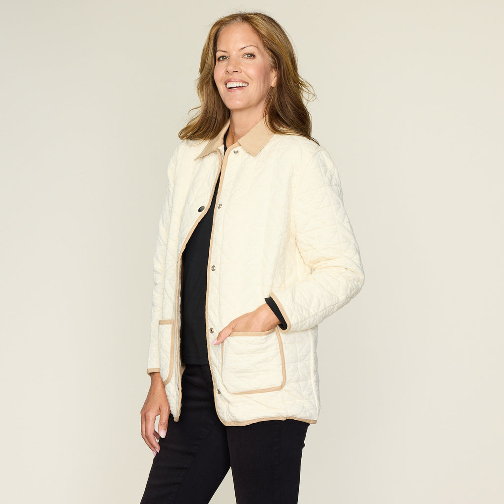 Contrast Trim Quilted Knit Snap Front Jacket