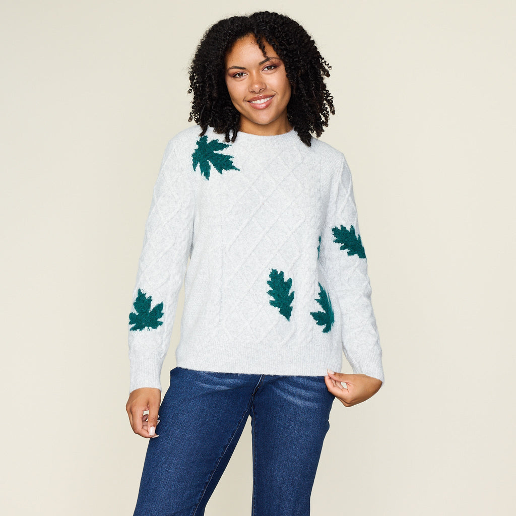 Leaf Jacquard Cable Crewneck Sweater