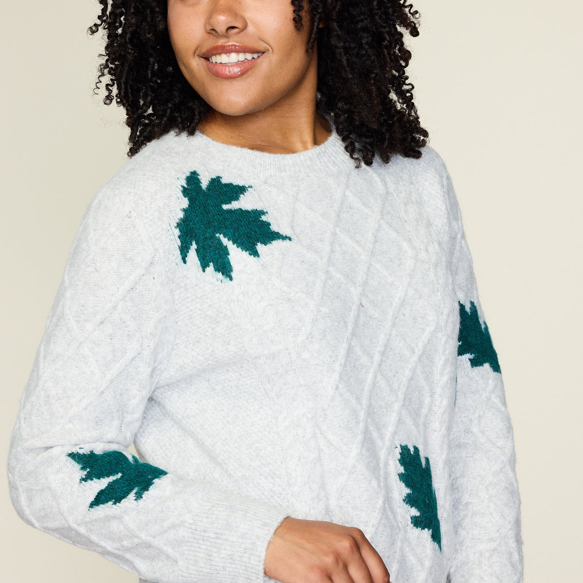Leaf Jacquard Cable Crewneck Sweater