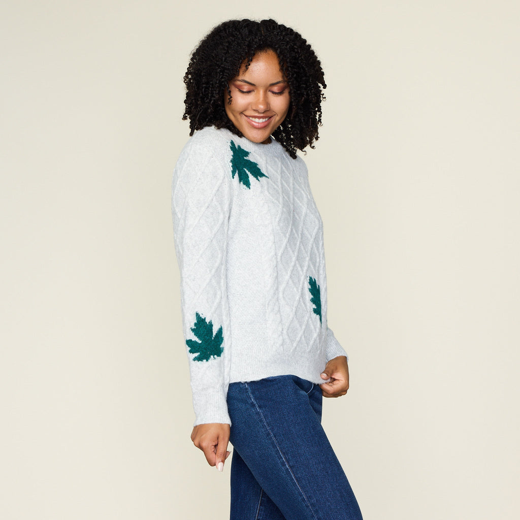 Leaf Jacquard Cable Crewneck Sweater