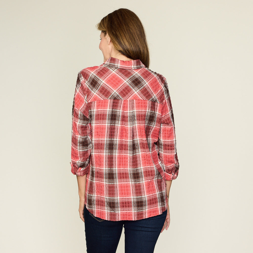 Mineral Red Crinkle Plaid Button Front Shirt