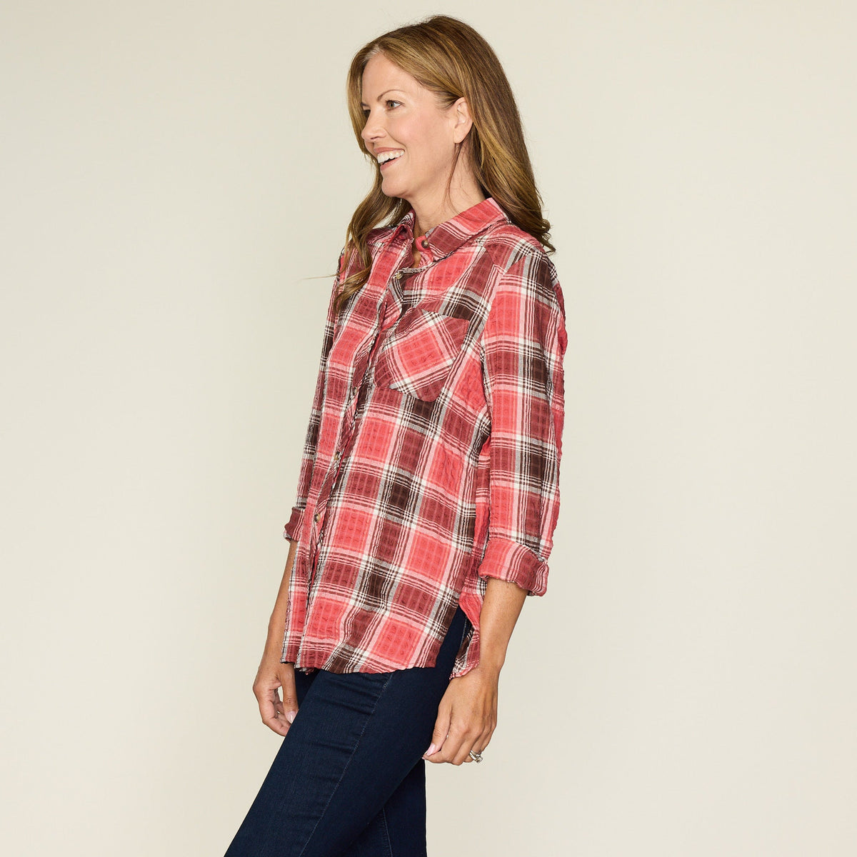 Mineral Red Crinkle Plaid Button Front Shirt