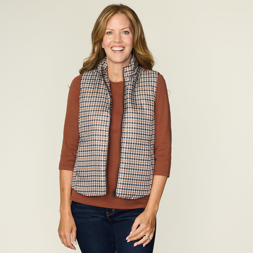 Houndstooth Print Zip Front Vest