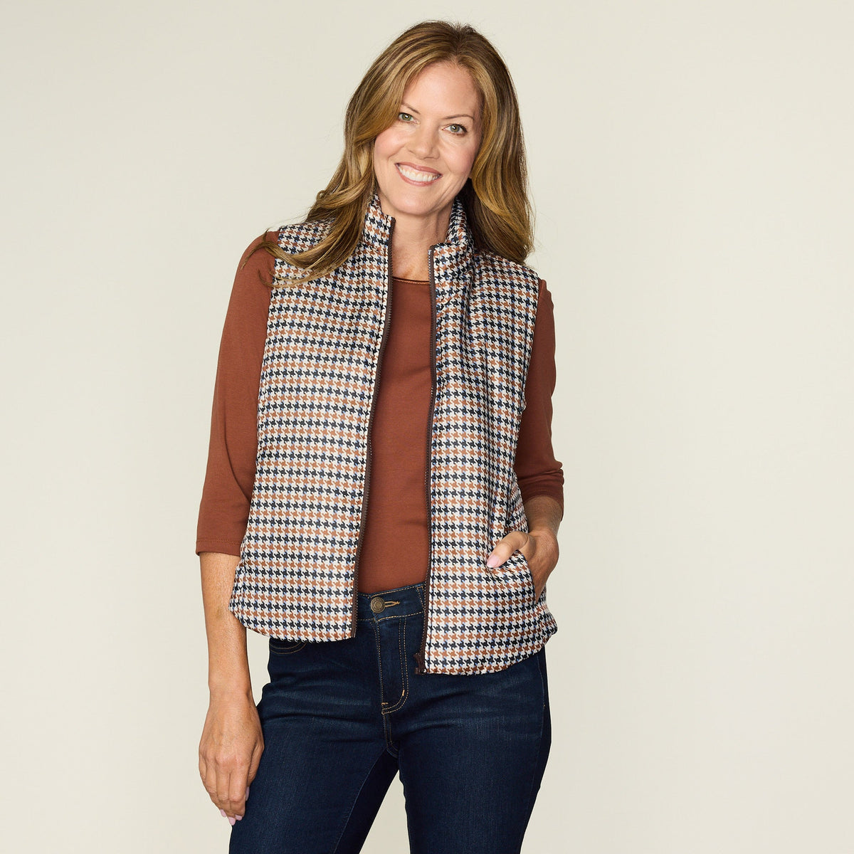 Houndstooth Print Zip Front Vest