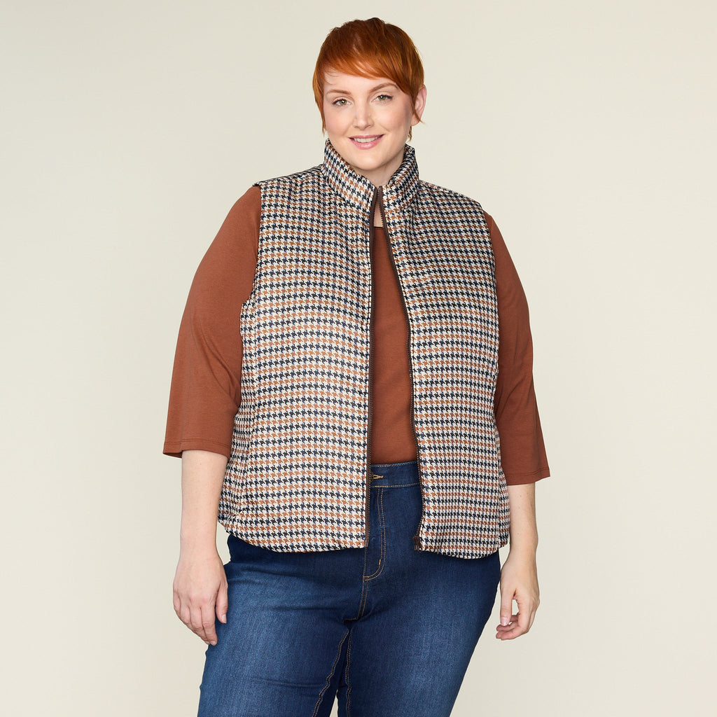 Houndstooth Print Zip Front Vest