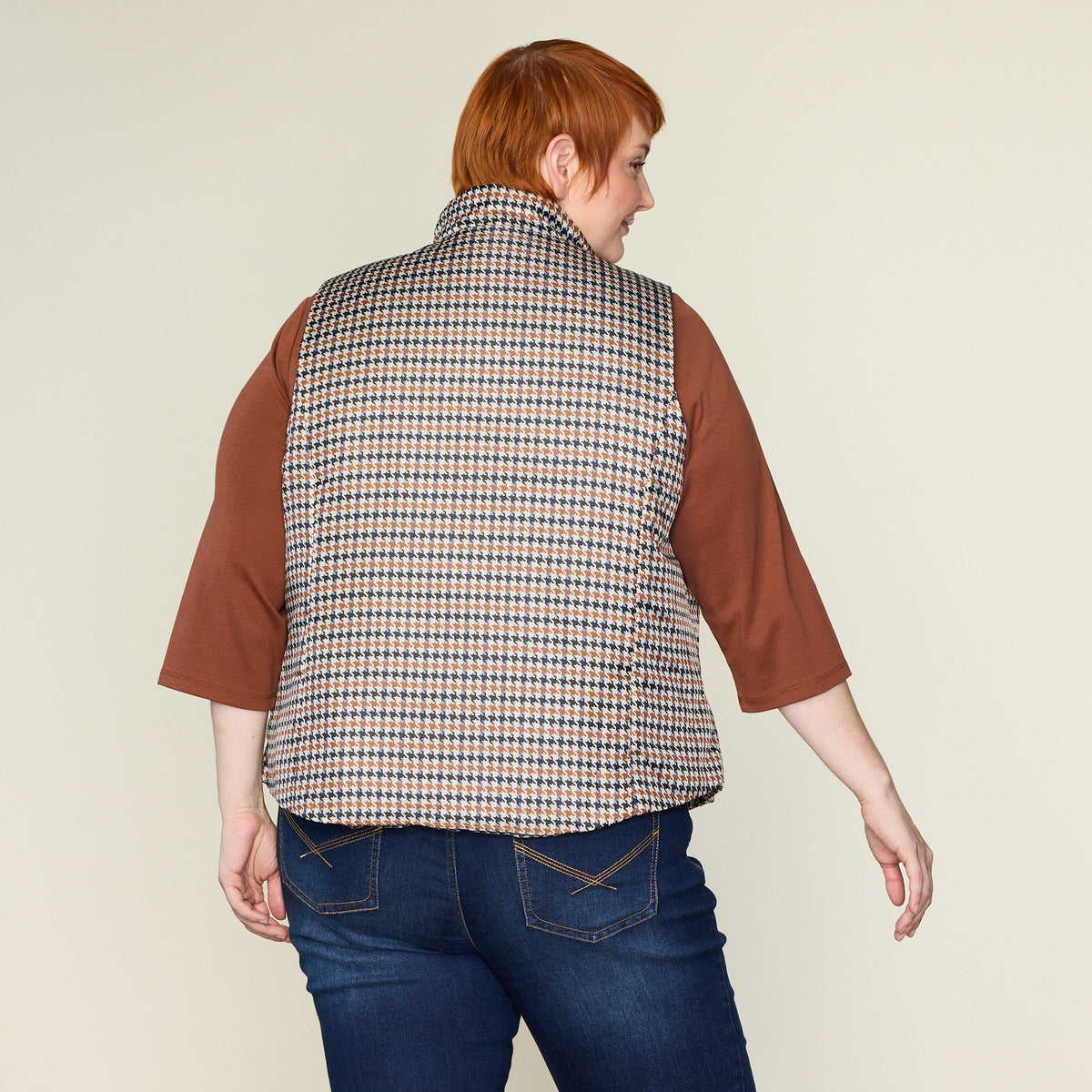 Houndstooth Print Zip Front Vest