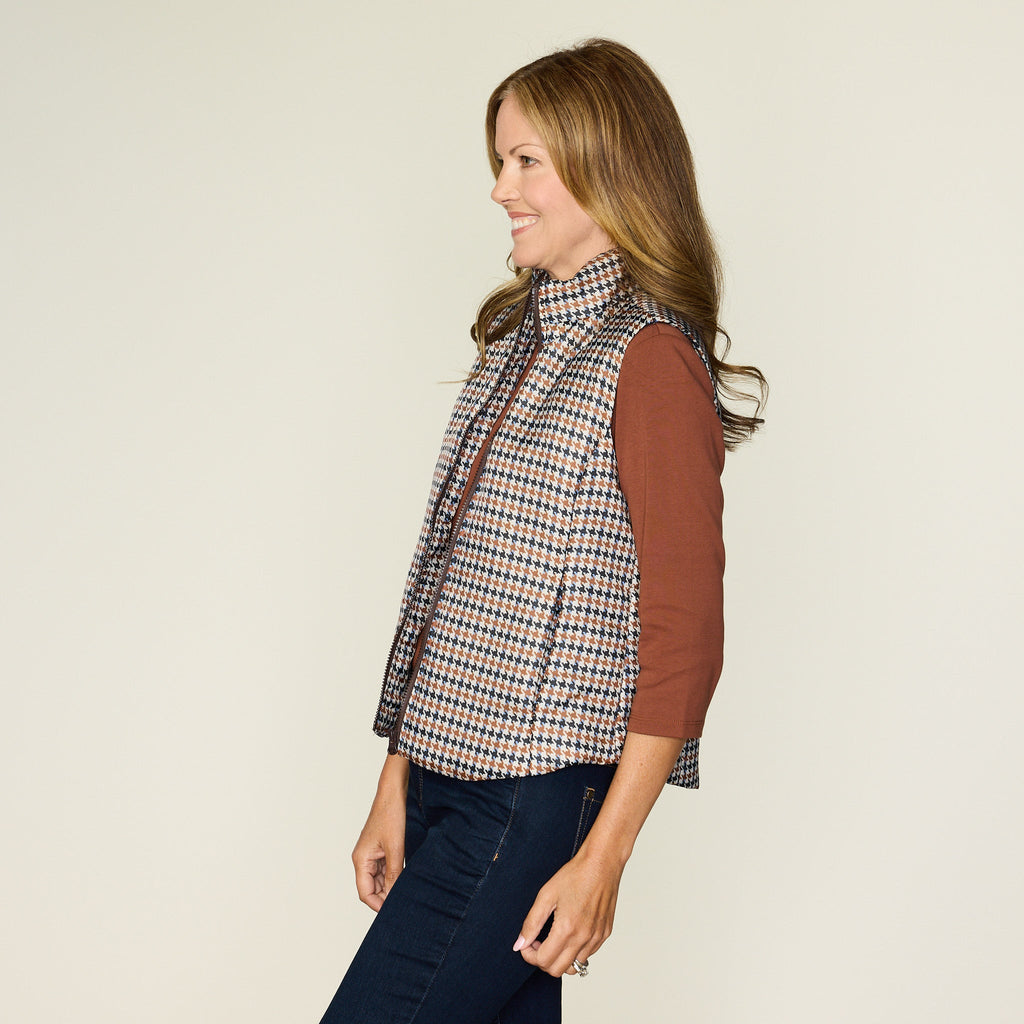 Houndstooth Print Zip Front Vest