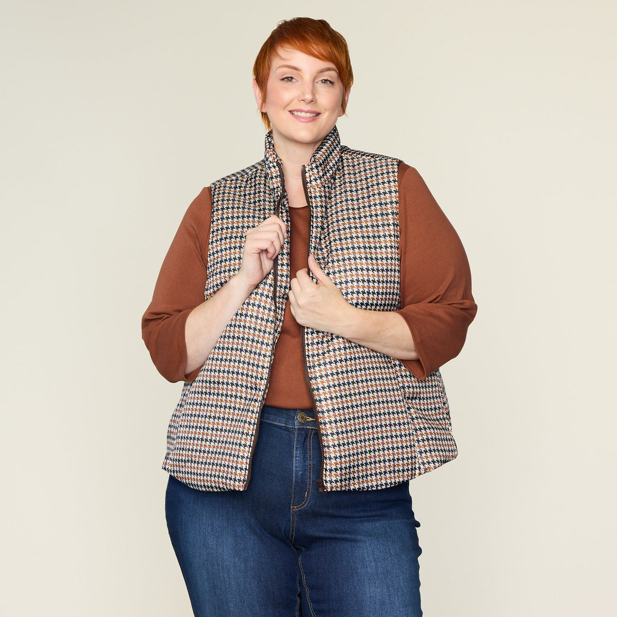 Houndstooth Print Zip Front Vest