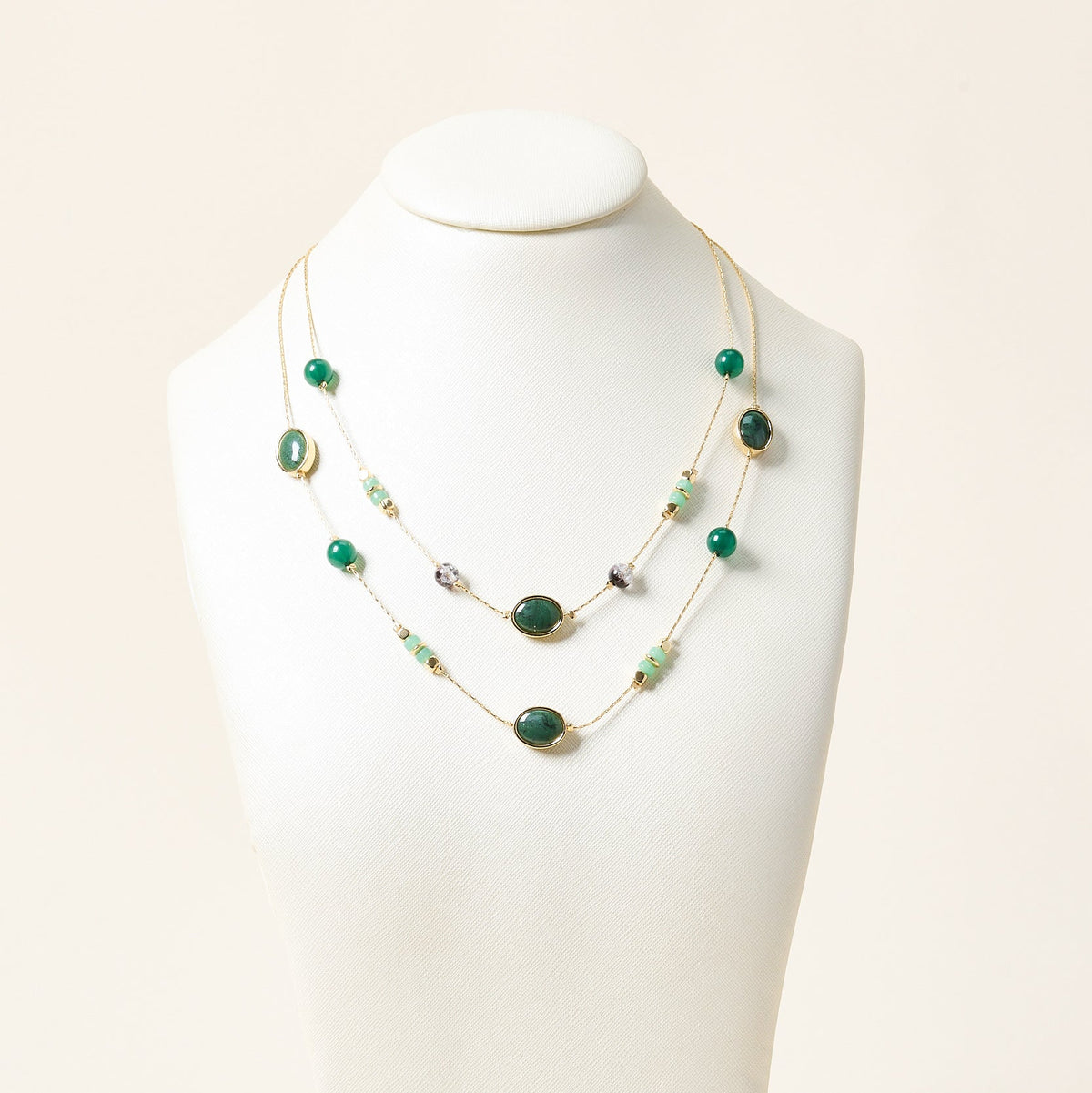 Layered Multi Green Beaded Necklace