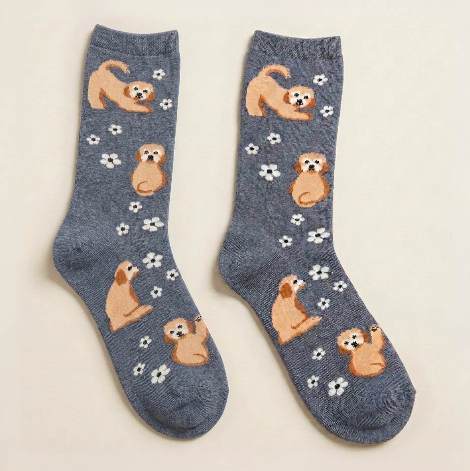 Flower and Dog Crew Socks