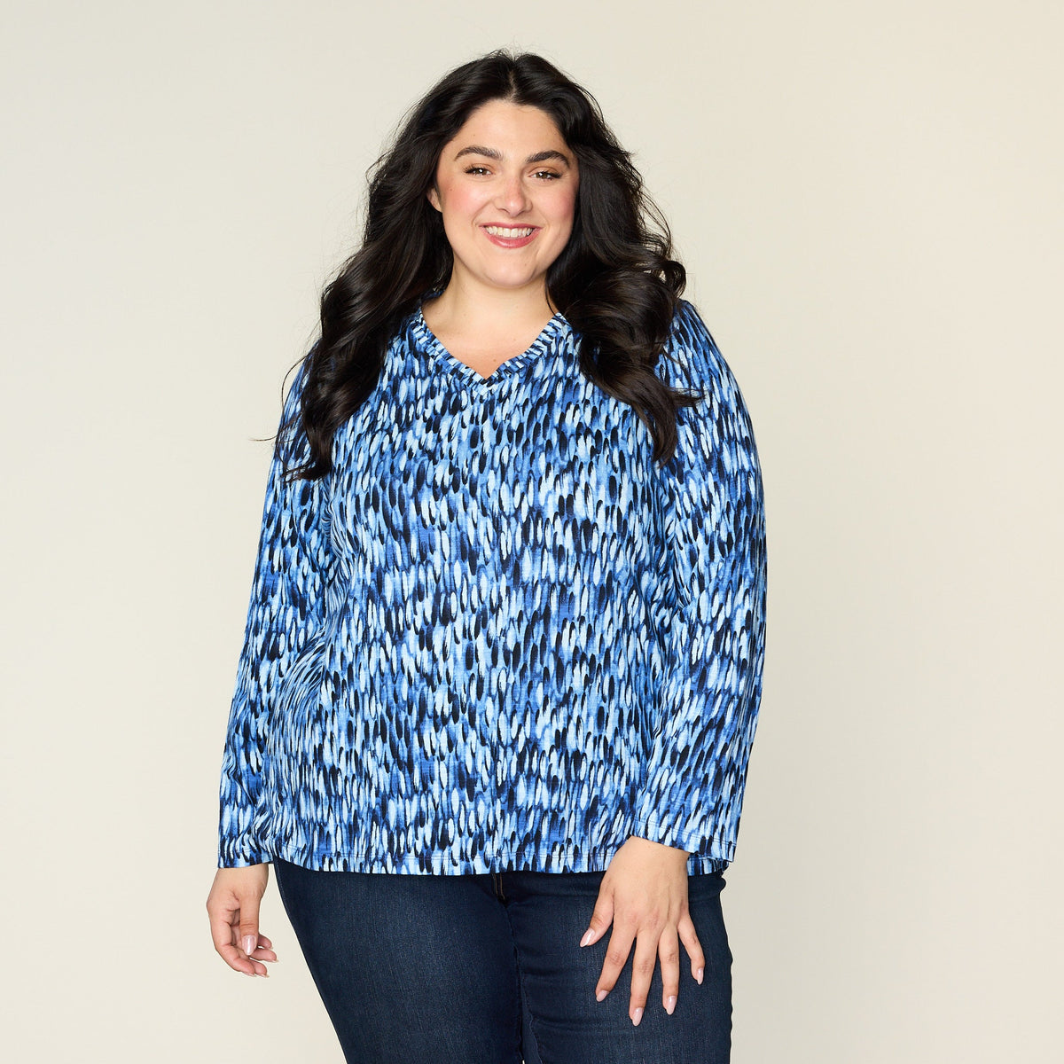 Blue Abstract Print Long Sleeve Double V Neck Tee