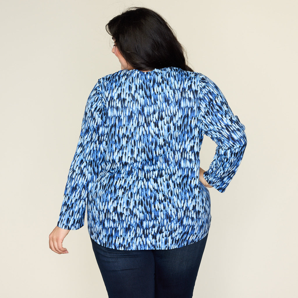 Blue Abstract Print Long Sleeve Double V Neck Tee