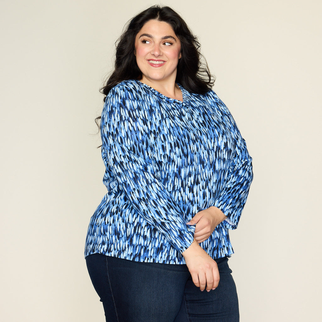 Blue Abstract Print Long Sleeve Double V Neck Tee