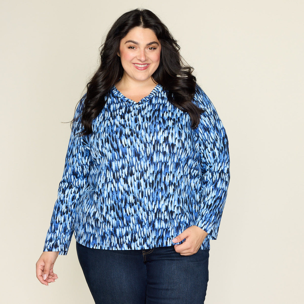 Blue Abstract Print Long Sleeve Double V Neck Tee