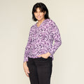 Purple Abstract Print Long Sleeve Double V Neck Tee