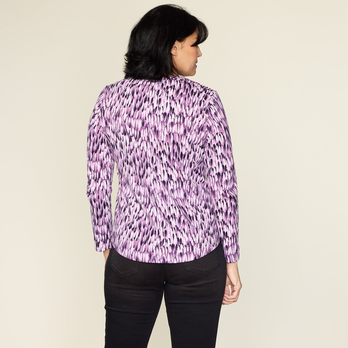 Purple Abstract Print Long Sleeve Double V Neck Tee