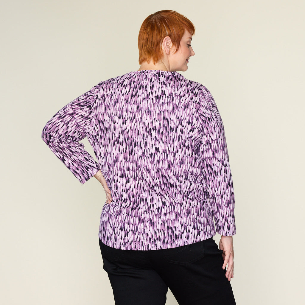Purple Abstract Print Long Sleeve Double V Neck Tee