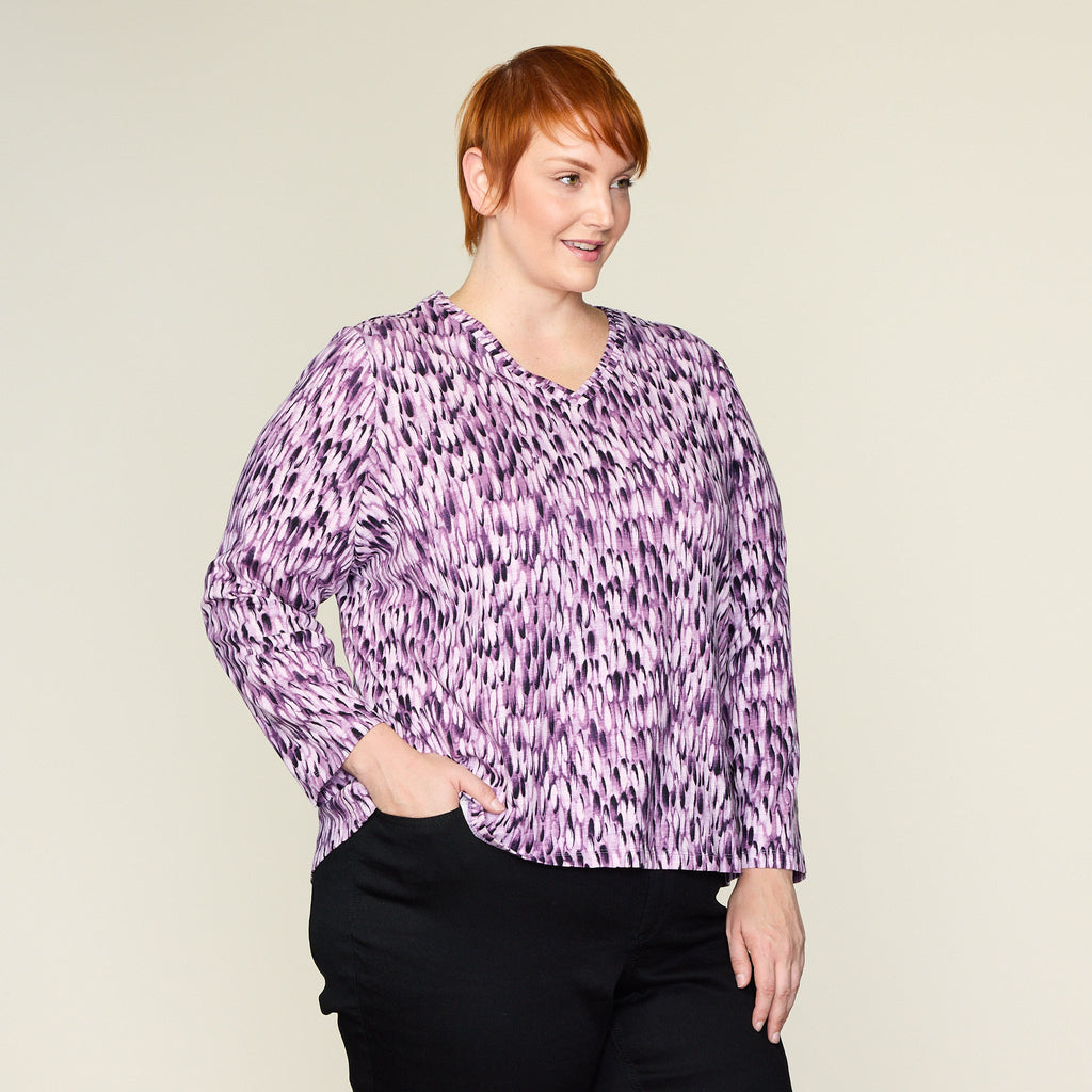 Purple Abstract Print Long Sleeve Double V Neck Tee