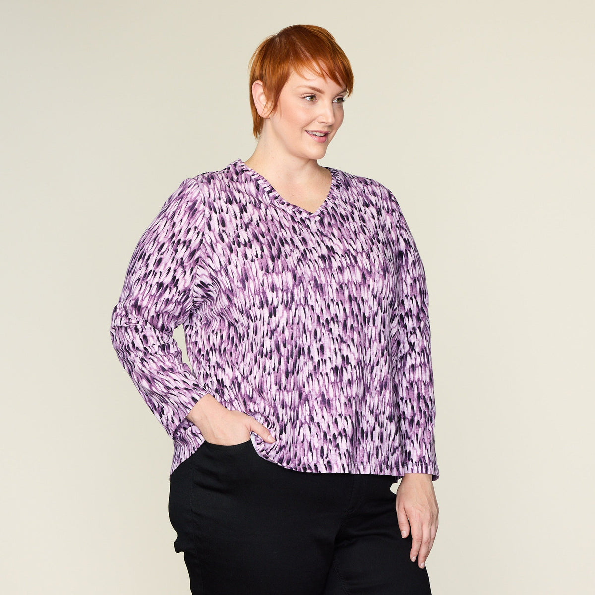 Purple Abstract Print Long Sleeve Double V Neck Tee