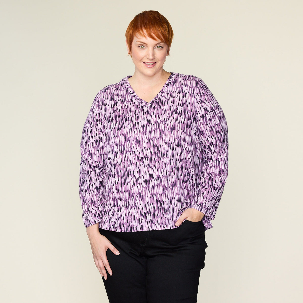 Purple Abstract Print Long Sleeve Double V Neck Tee