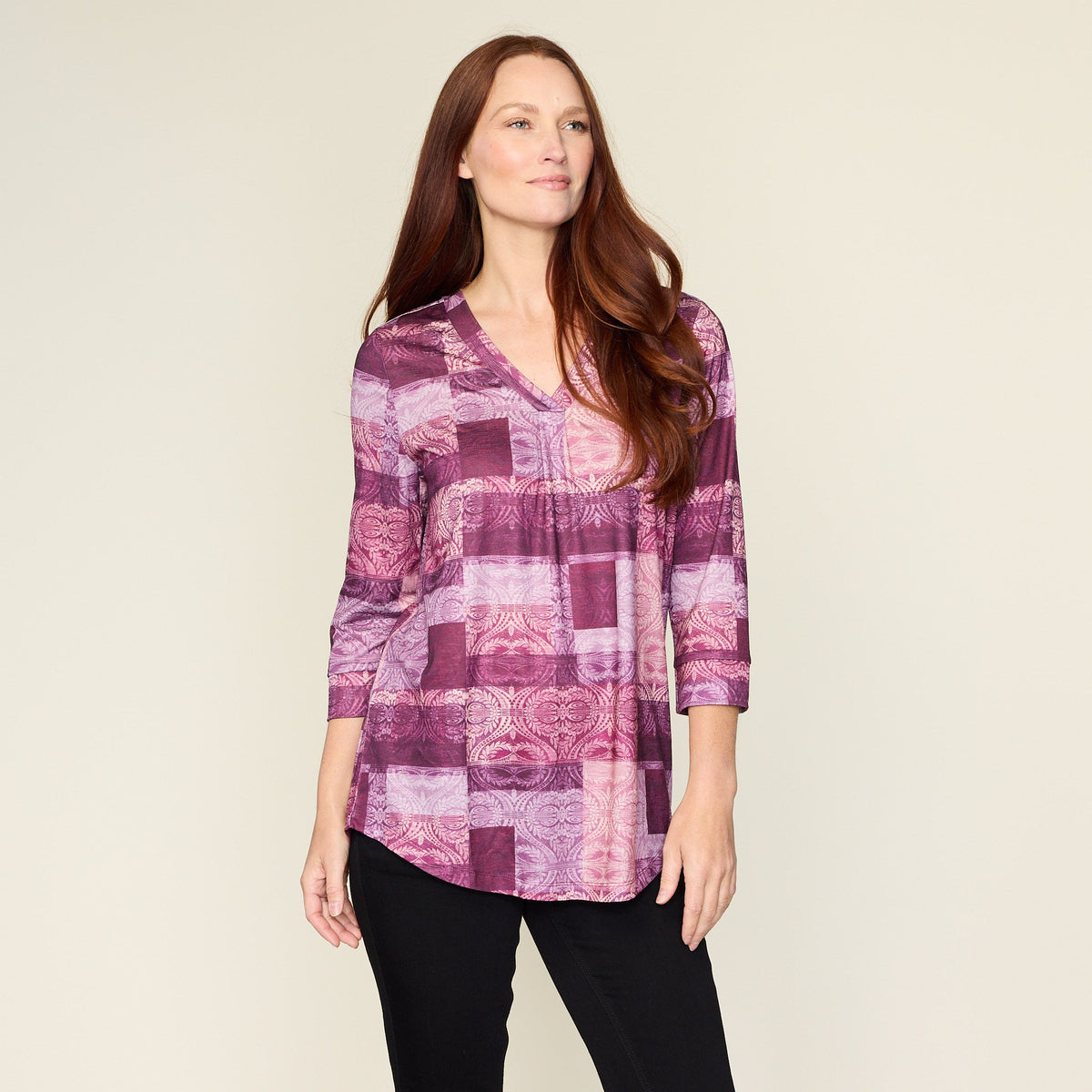 Patchwork Print Pleated V Neck Top