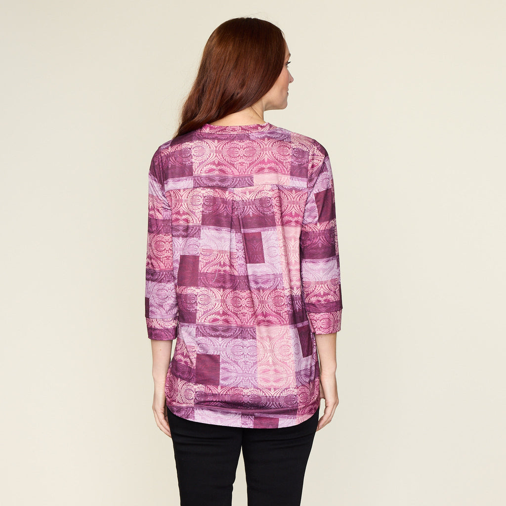 Patchwork Print Pleated V Neck Top