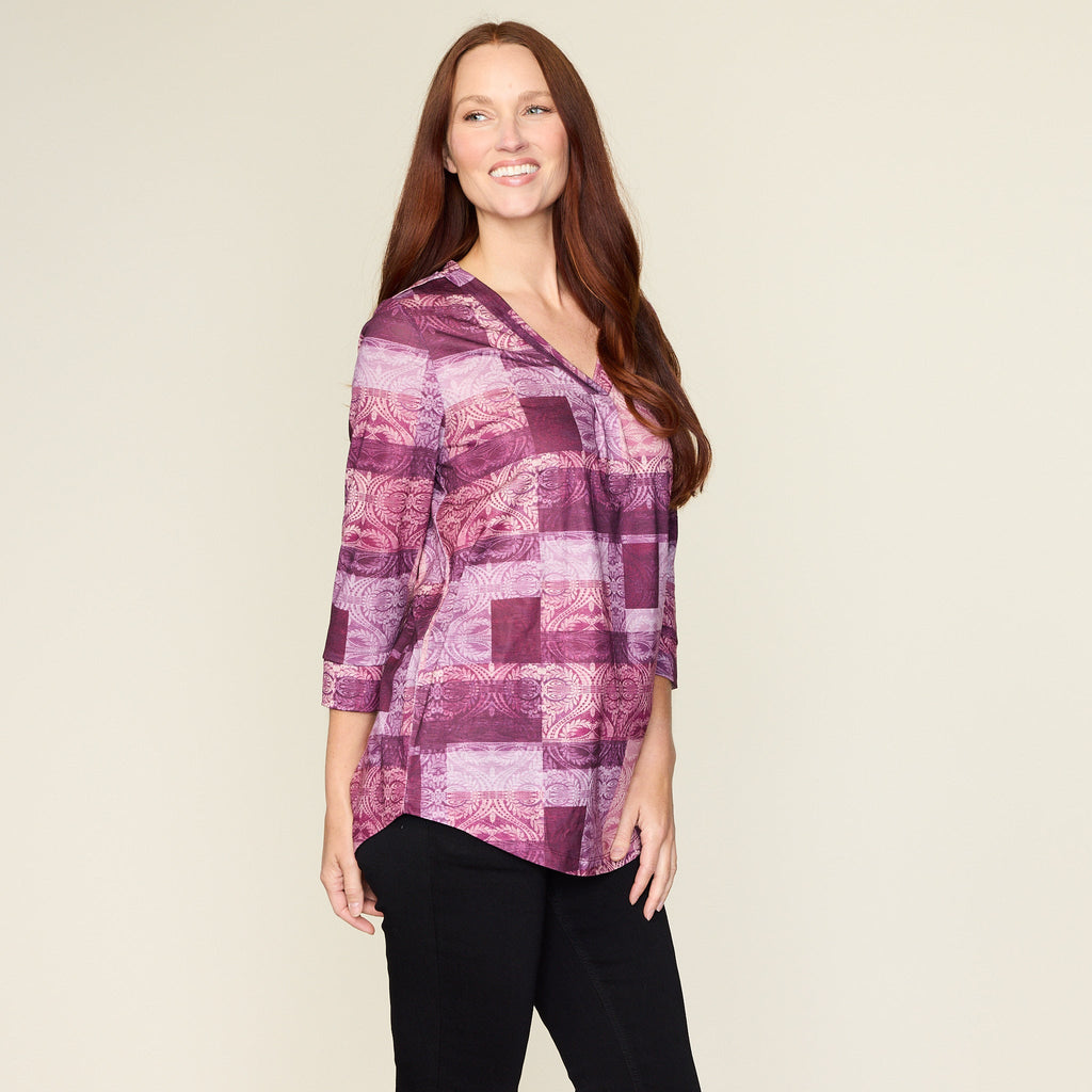 Patchwork Print Pleated V Neck Top