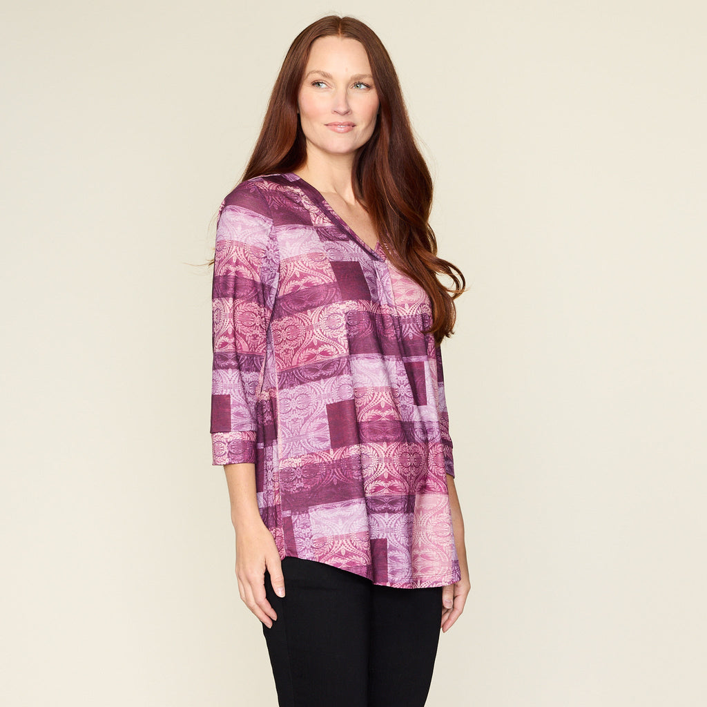 Patchwork Print Pleated V Neck Top