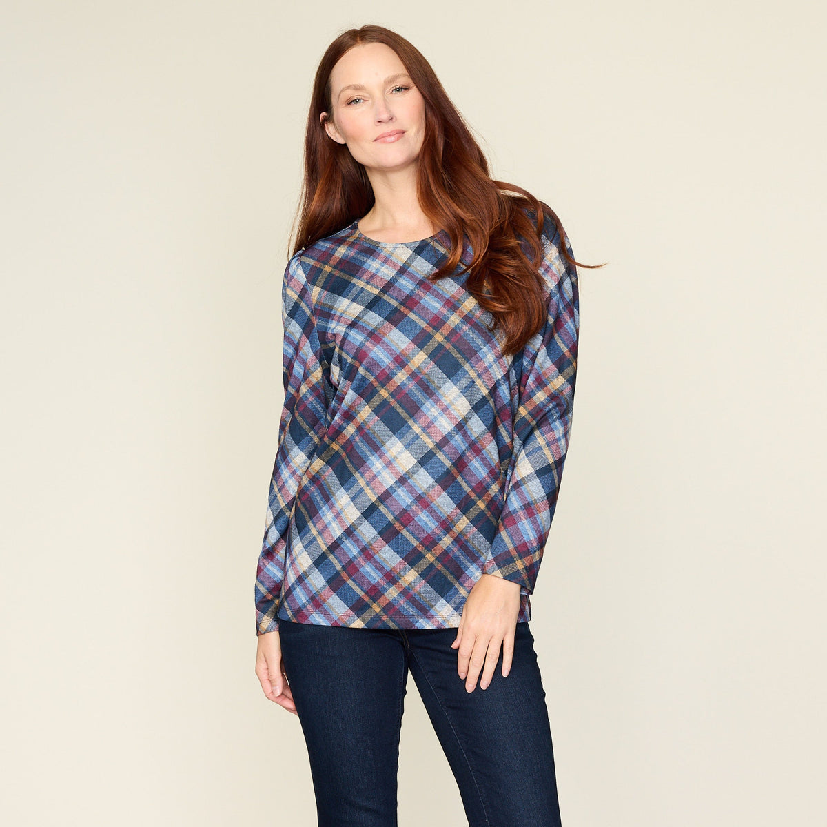 Bias Plaid Gathered Shoulder Long Sleeve Top