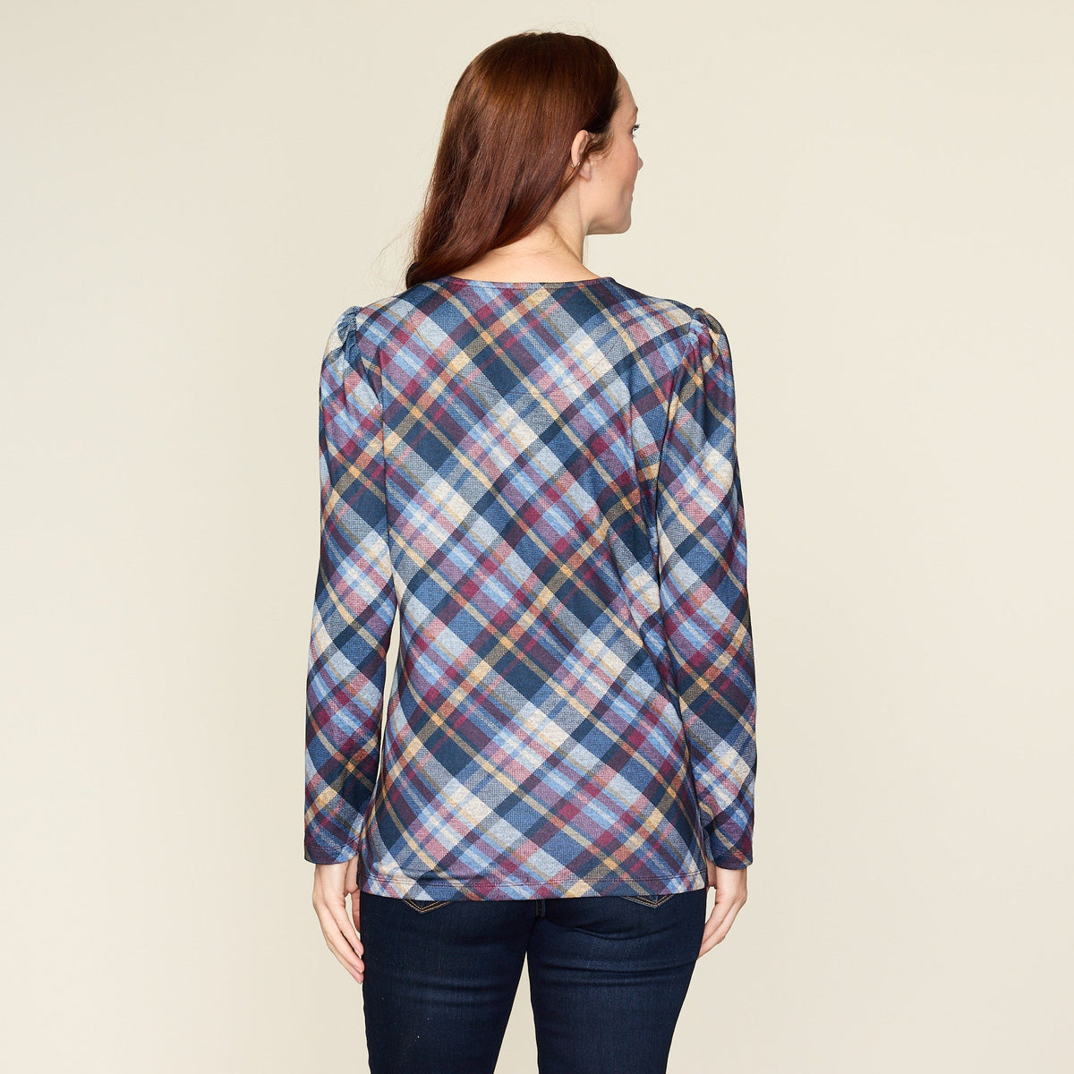 Bias Plaid Gathered Shoulder Long Sleeve Top