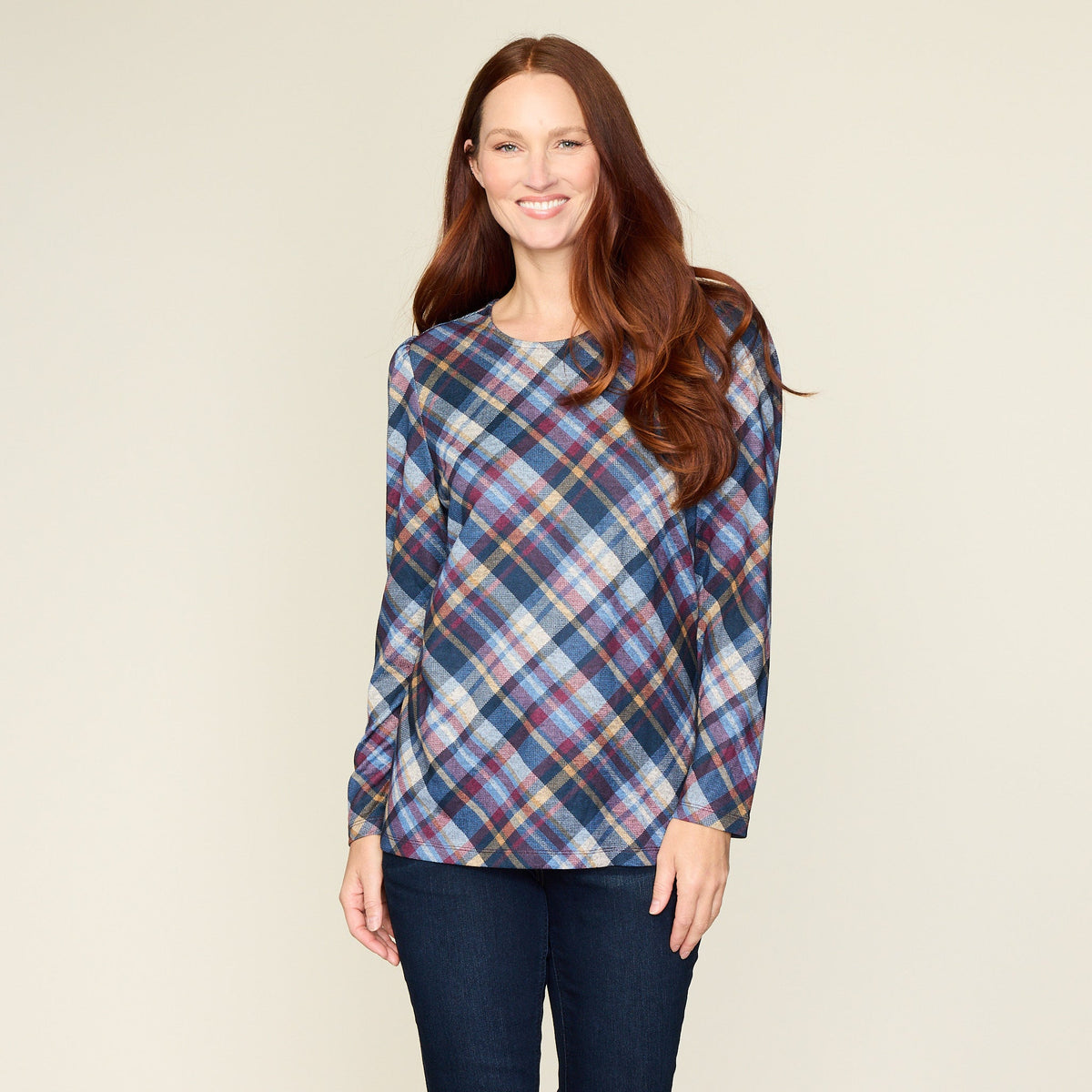 Bias Plaid Gathered Shoulder Long Sleeve Top