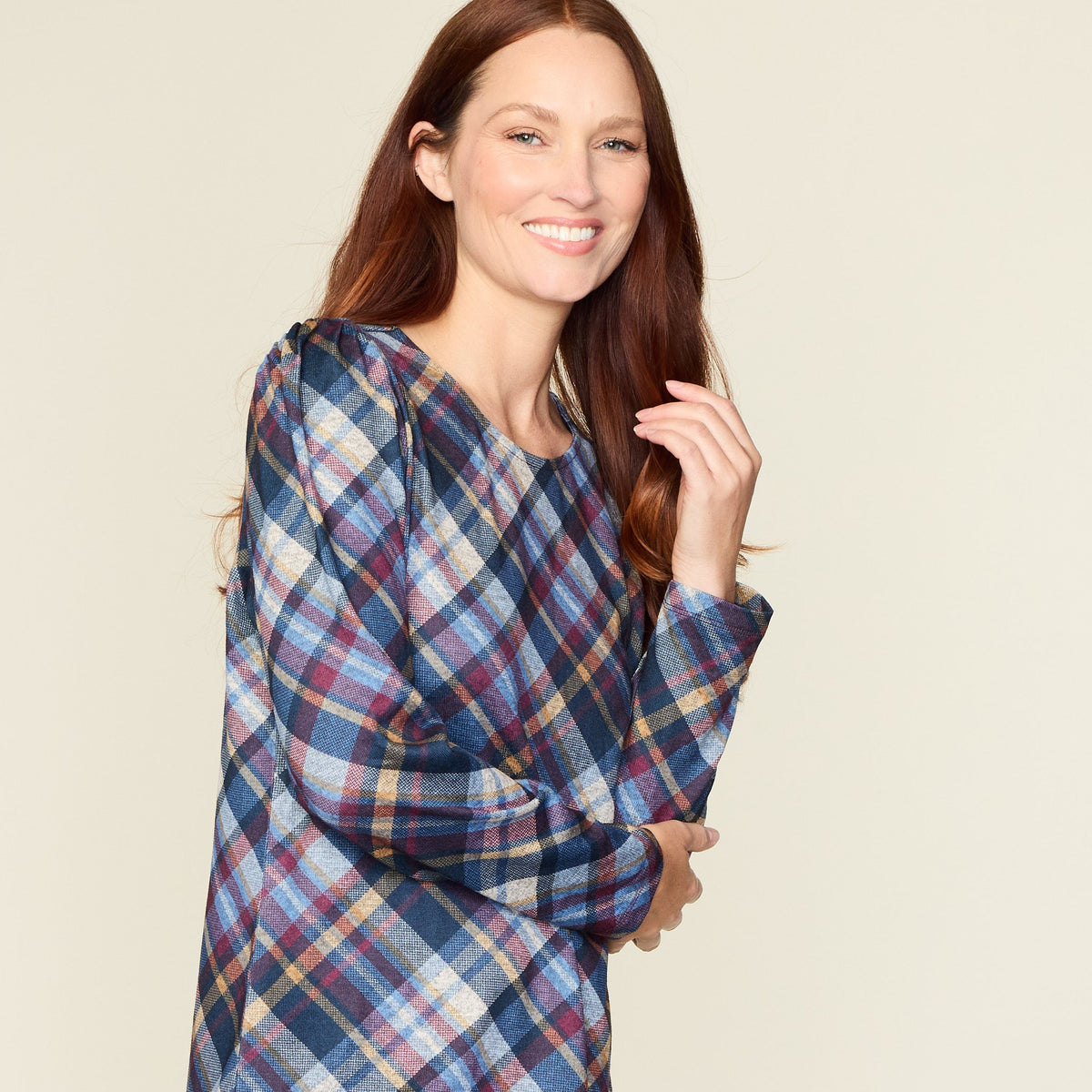 Bias Plaid Gathered Shoulder Long Sleeve Top