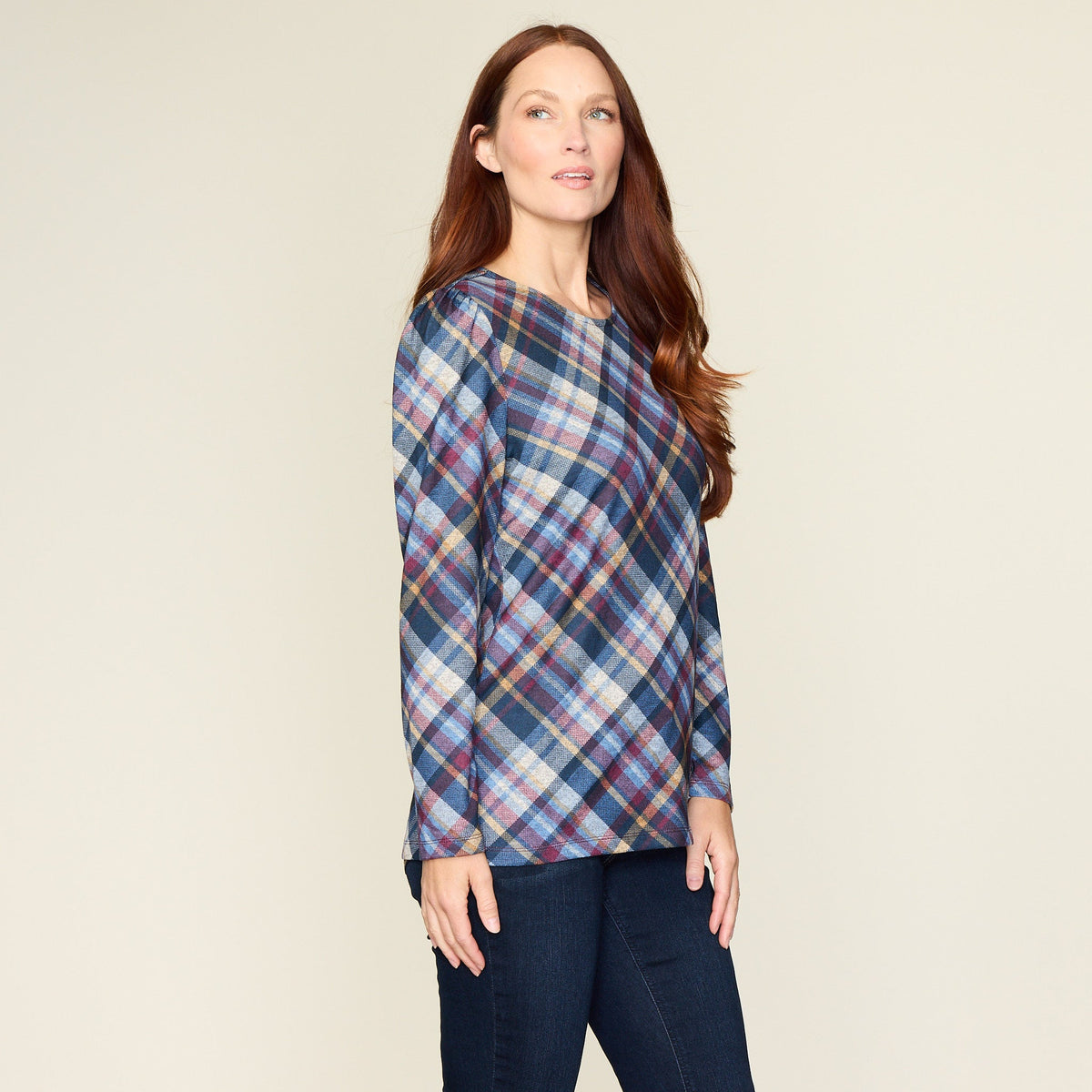 Bias Plaid Gathered Shoulder Long Sleeve Top