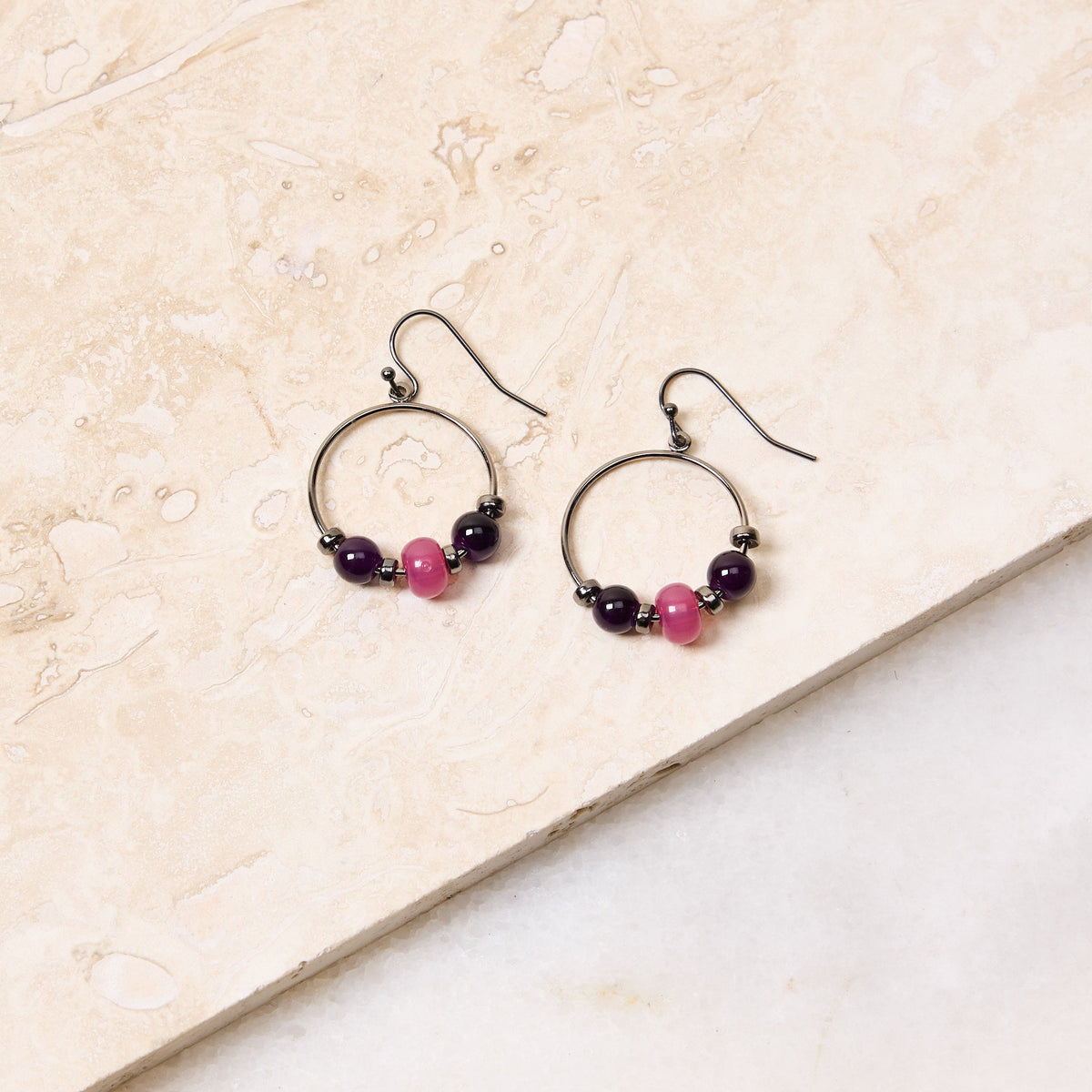 Purple Multi Beaded Fish Hook Earrings