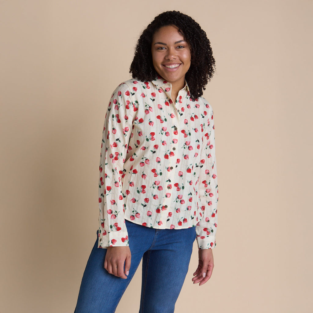 Strawberry Print Textured Button Front Shirt