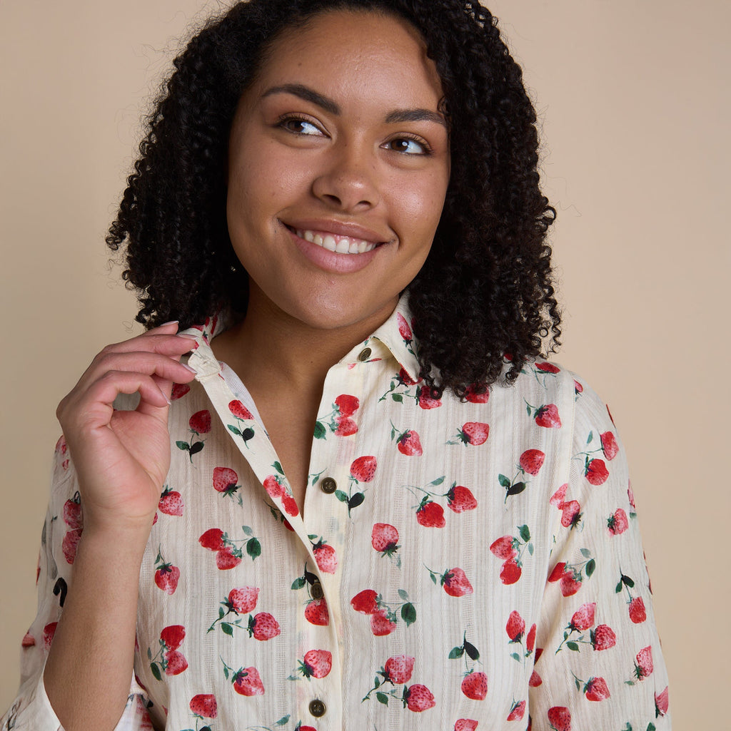 Strawberry Print Textured Button Front Shirt
