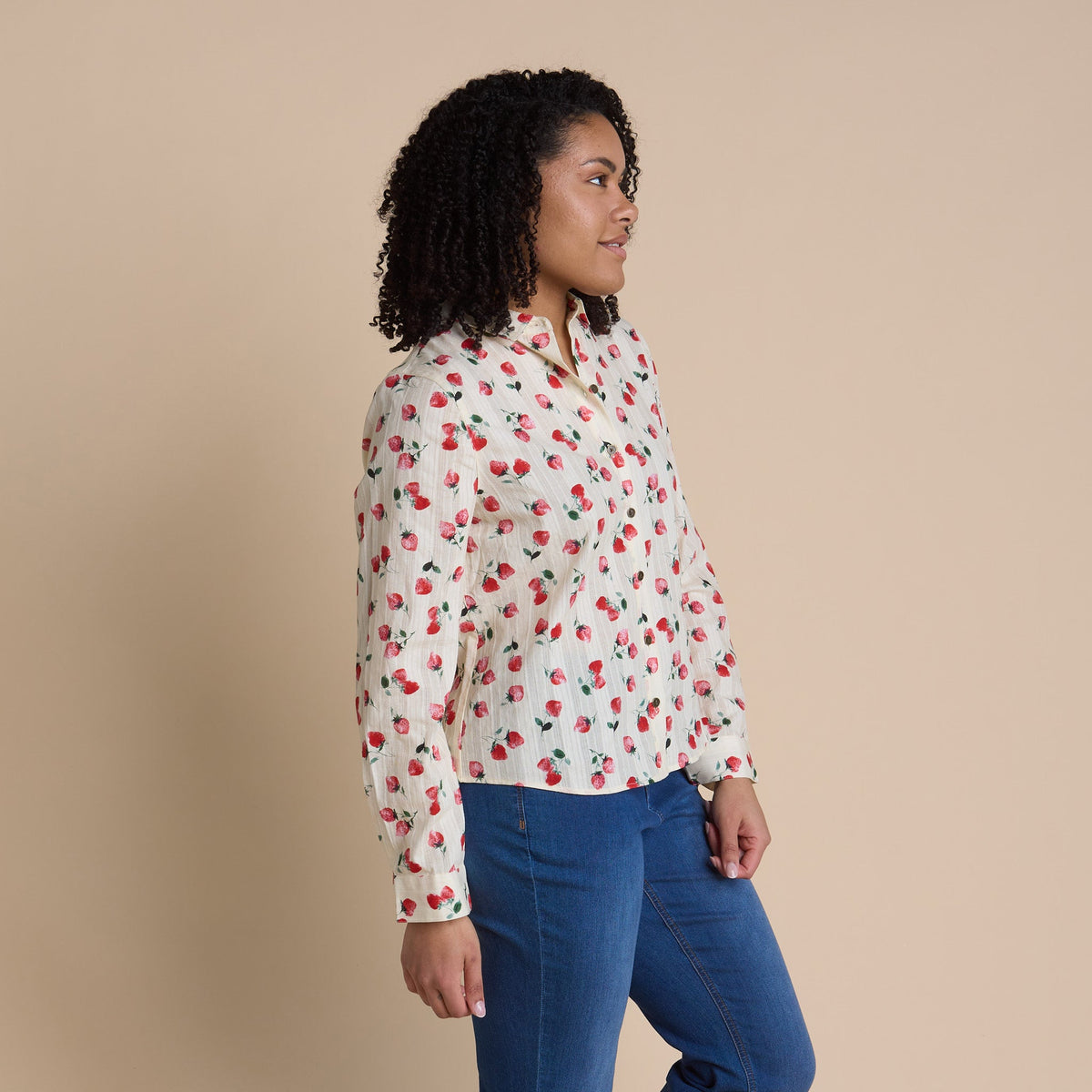 Strawberry Print Textured Button Front Shirt