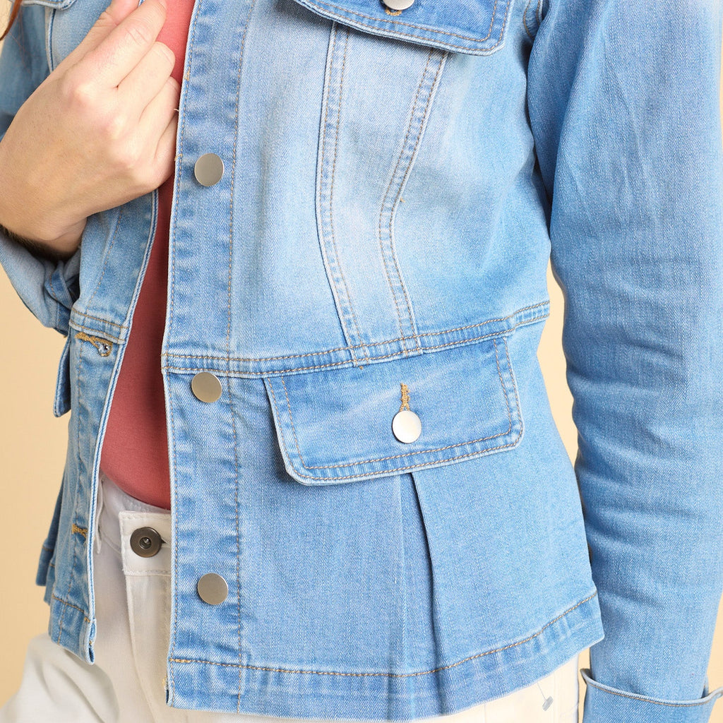 Pleated Peplum Button Front Denim Jacket